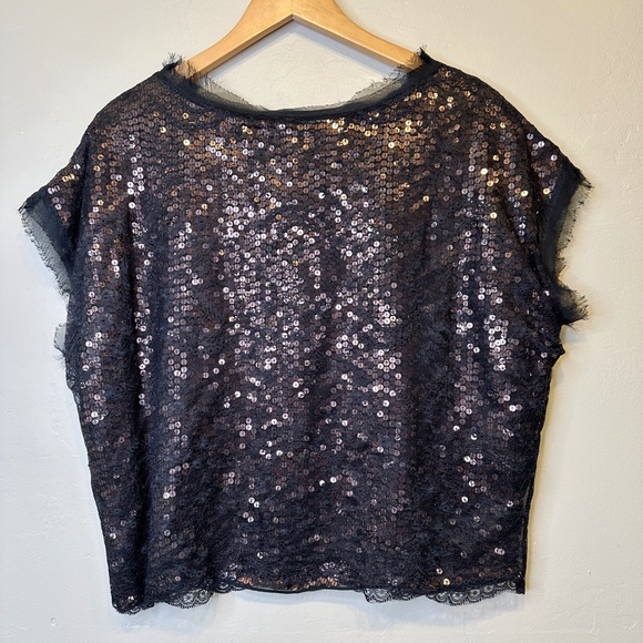 Joie | Addison Caviar Sequin Mesh Lace Cap Sleeves Cropped Fit Glam Boxy Blouse - Picture 4 of 15